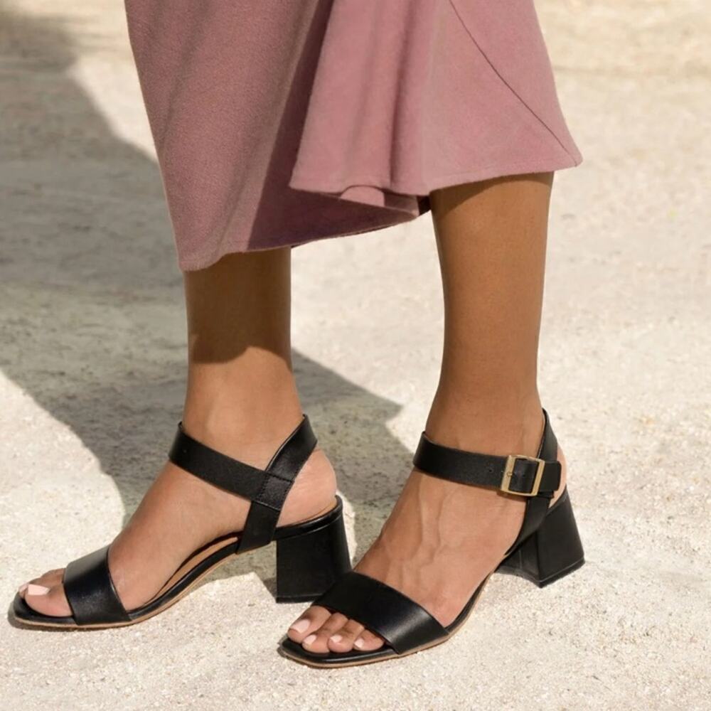 Nisolo Stella Go To Block Heel Black Leather Sandals Size 6